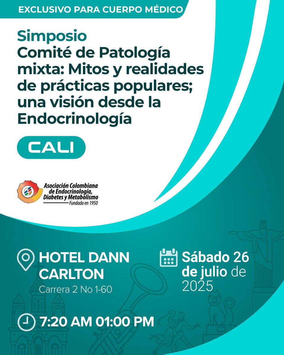 🔍 Mitos y realidades de prácticas populares desde la mirada endocrina

📍 Cali
🗓 Sábado 26 de julio de 2025
📌 Hotel Dann Carlton – Carrera 2 No. 1-60
🕖 De 7:20 a.m. a 1:00 p.m.

Clic aquí para inscribirte: hab.me/WjY1rxm
Programa académico: hab.me/5M99wOl