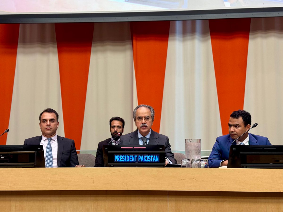 PakistanUN_NY's tweet photo. Pakistan joins the Council for the eighth time as a non-permanent member, and we do so with a deep sense of responsibility, humility and conviction. Our approach to international peace and security is grounded in the purposes and principles of the UN Charter, especially the peaceful resolution of disputes, the rule of international law, and the primacy of multilateral cooperation.

We remain committed to serving as a bridge between the Security Council and the broader UN membership, fully mindful that peace and security are the shared responsibility of all Member States, and that the work of this Council must reflect the collective will and conscience of the international community.

This morning, the Security Council adopted its Programme of Work for July. In preparing it, we have aimed for a balanced, transparent, and consultative approach, mindful of the already dense calendar, while ensuring space for reflection and dialogue on issues of enduring importance.

Ambassador Asim Iftikhar Ahmad, President of the UN Security Council and Permanent Representative of Pakistan to the United Nations, speaks at a wrap-in session with UN Member States