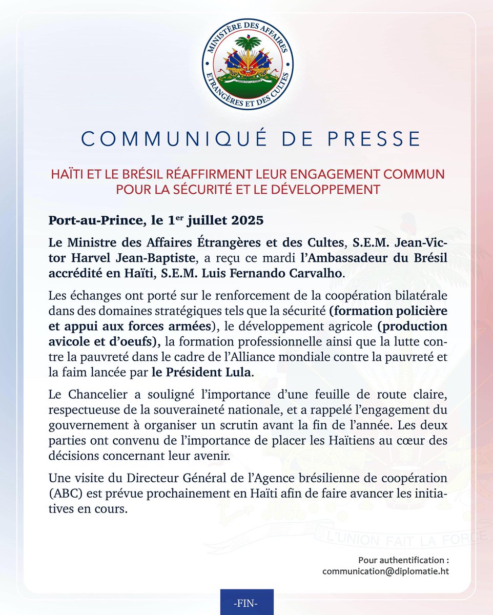 Haïti et le Brésil réaffirment leur engagement commun pour la sécurité et le développement.