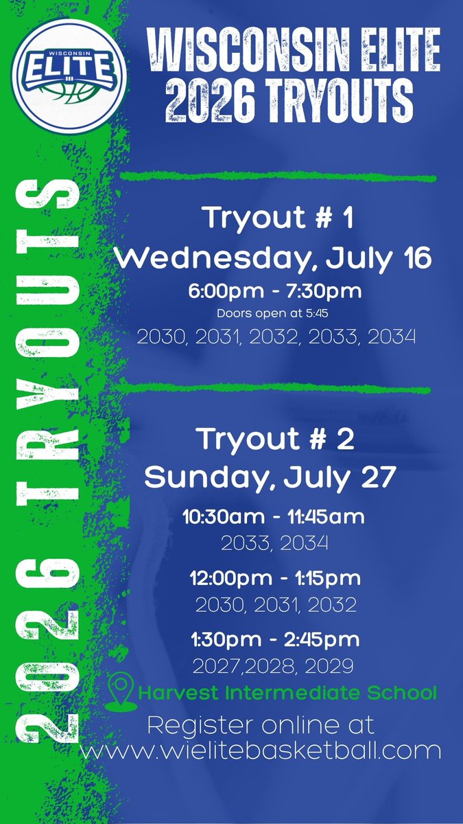 Tryout #1
🗓️Wednesday July 16
🕕6:00pm
📍Harvest Intermediate School
Graduation Years: 2030 - 2034
#BeElitePlayElite