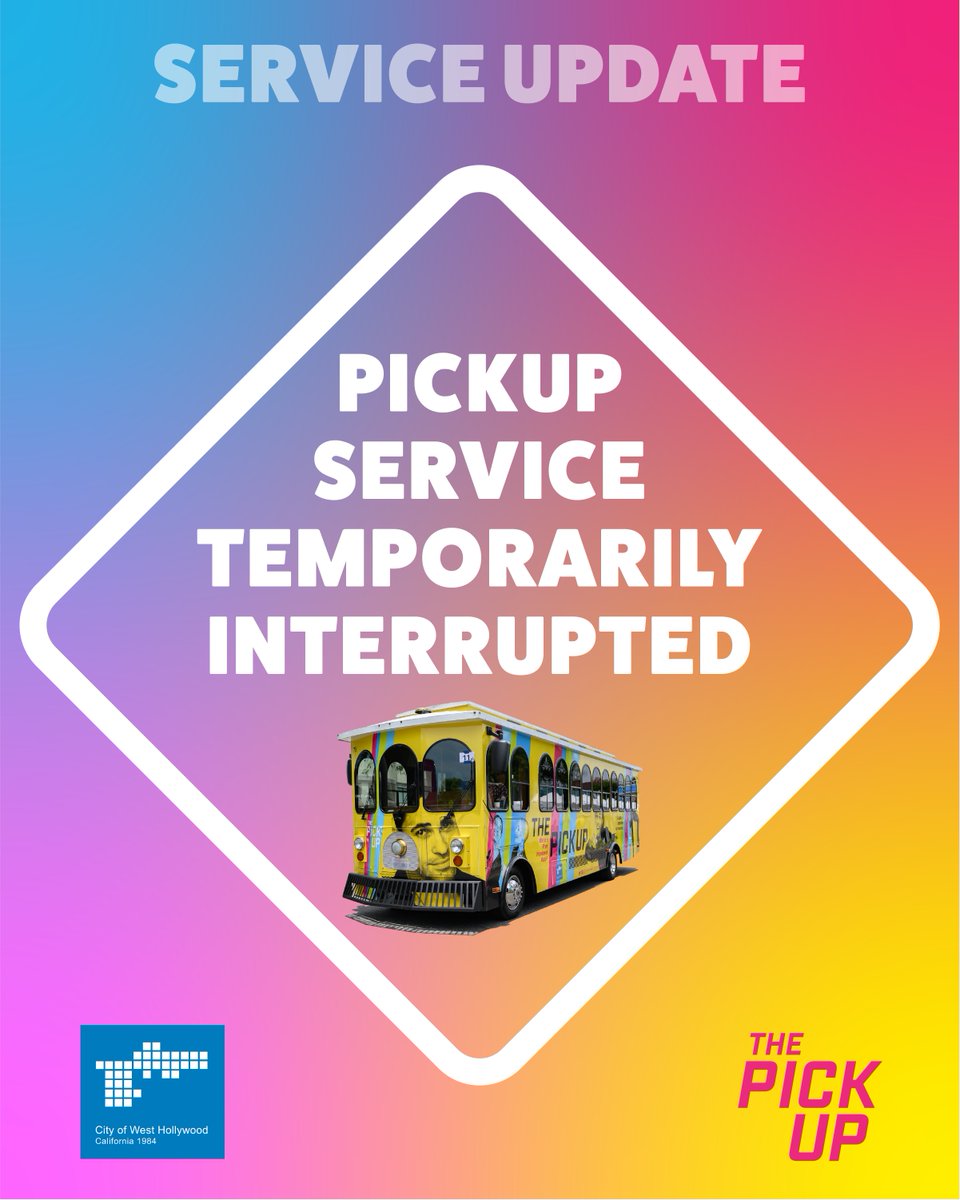 We’re pausing service on The PickUp, our free weekend trolley, as we work to transition to a new vendor. We know this service is a favorite for getting around West Hollywood, and we’re working hard to bring it back as soon as possible.

Learn more here: go.weho.org/4l6aviz