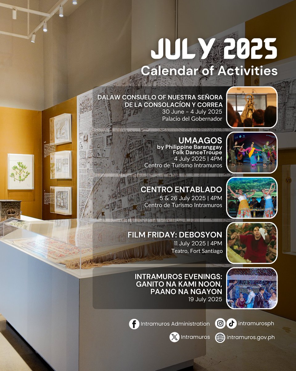This July, celebrate a little more in the Walled City!

From cultural shows and film screenings to guided tours, bazaars, and live music, there’s always something exciting happening in Intramuros.

Bring your family and friends and make the most of this unforgettable experience.