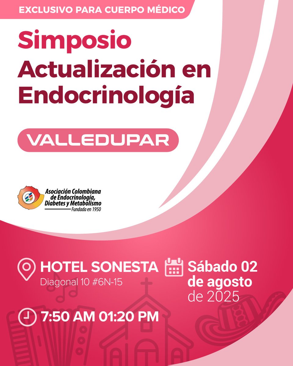 ¡Valledupar se actualiza con lo mejor en endocrinología! 🩺🎯

📍 Lugar: Hotel Sonesta - DIAGONAL 10 # 6N-15
📅 Fecha: Sábado 2 de agosto de 2025

Clic aquí para inscribirte: hab.me/RoKSc4e
Programa académico: hab.me/oQvJvcR