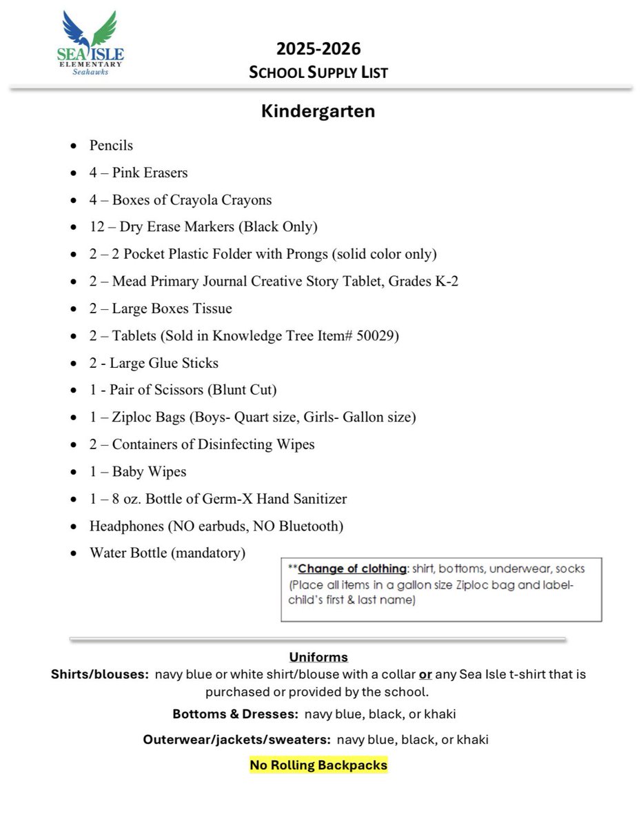 SeaIsleSeahawks's tweet image. School Supply Lists (2025-2024) 📝
Kindergarten, 1st, &amp;amp; 2nd Grades