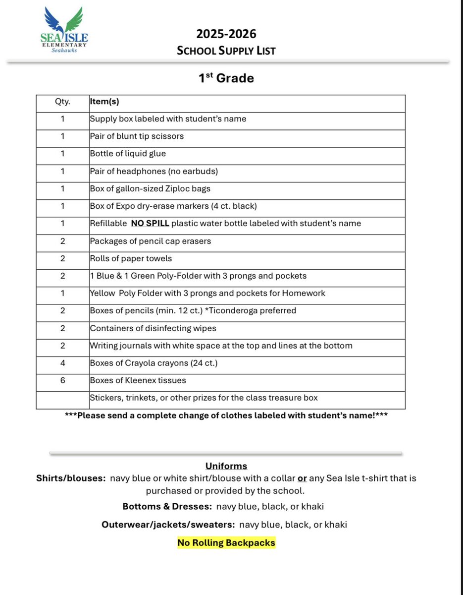 SeaIsleSeahawks's tweet image. School Supply Lists (2025-2024) 📝
Kindergarten, 1st, &amp;amp; 2nd Grades