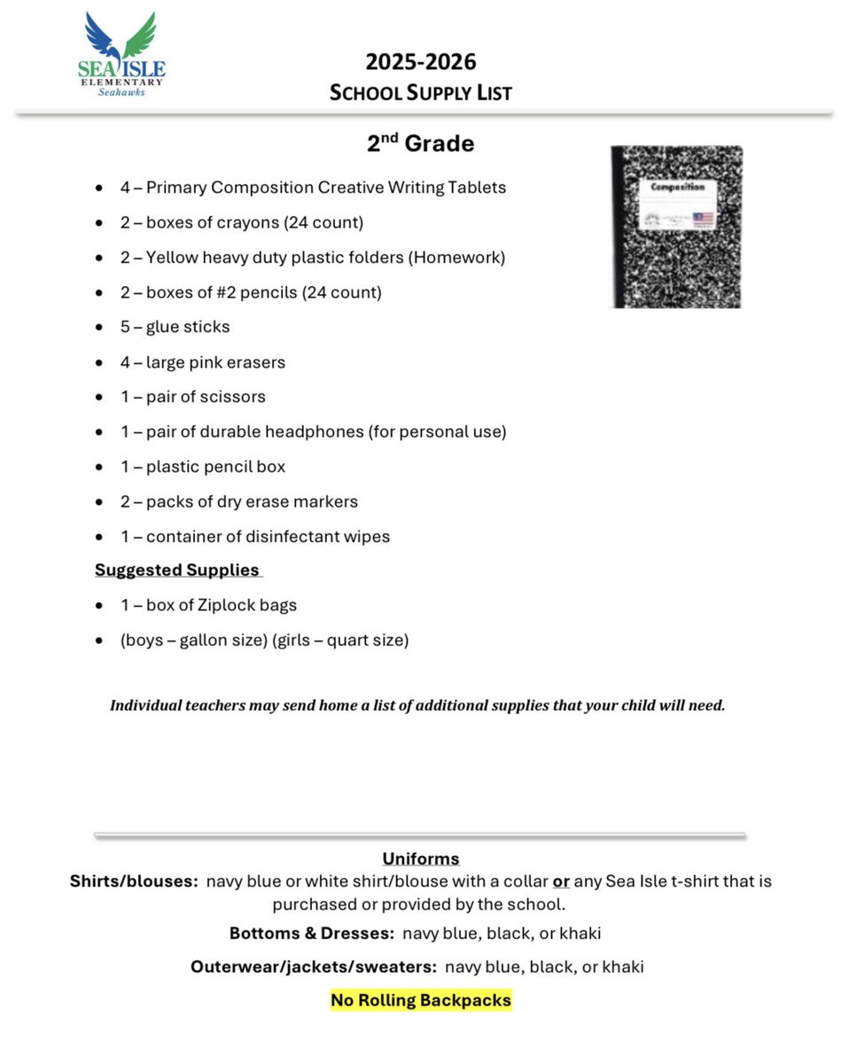SeaIsleSeahawks's tweet image. School Supply Lists (2025-2024) 📝
Kindergarten, 1st, &amp;amp; 2nd Grades