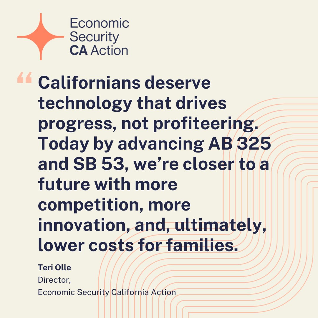 In Sacramento, we're sponsoring two bills that determine how technology can be used to shape the future economy:

🔘SB 53, which would create a public option for AI
🔘AB 325, which would crack down on algorithmic price fixing

Today both bills passed out of judiciary committees