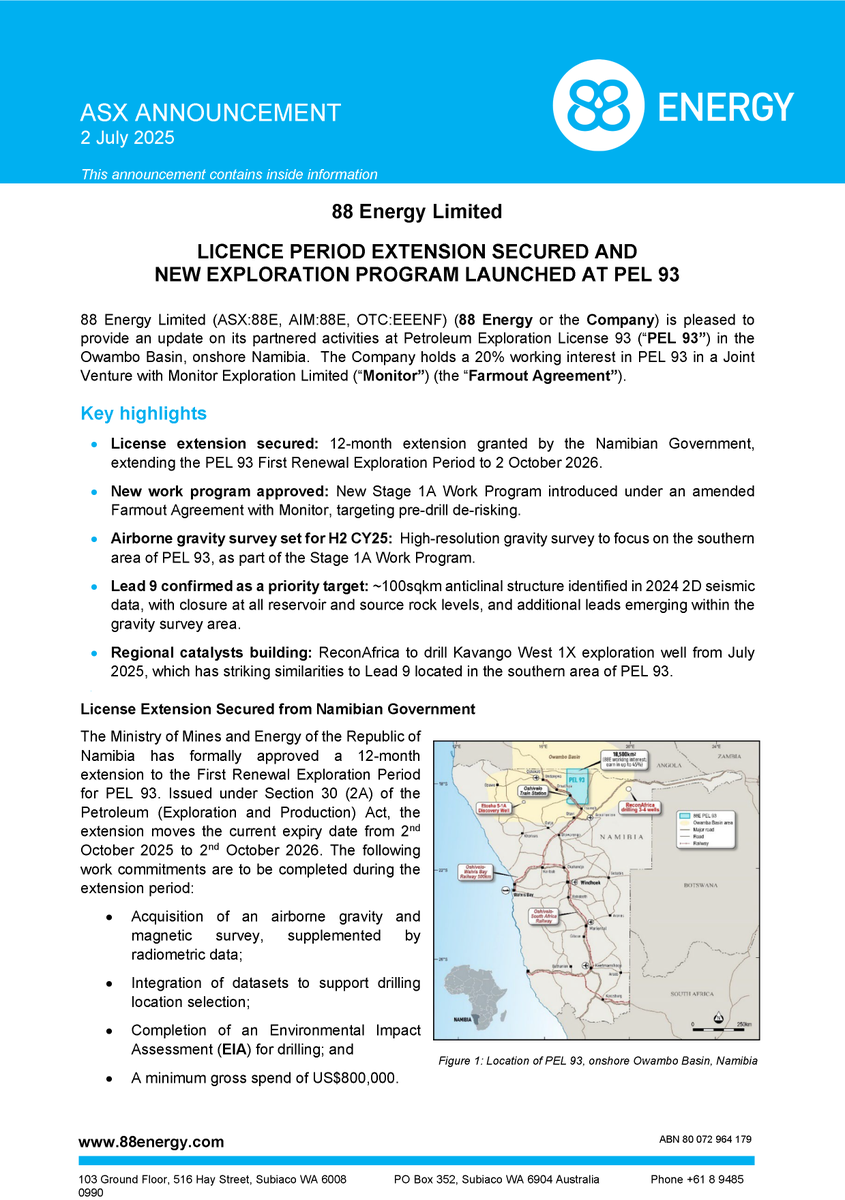 88EnergyLtd's tweet photo. Licence extension secured at PEL93 in Namibia. We're launching a new gravity survey &amp; work program targeting Lead 9 – a large anticlinal structure with strong drill potential. JV with Monitor, 50/50 funded to US$1M.

More: https://t.co/4fwoxBIRPh

#88Energy https://t.co/3rOWAlMon1
