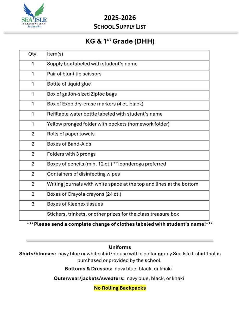 SeaIsleSeahawks's tweet image. School Supply Lists (2025-2024) 📝
DHH Classes