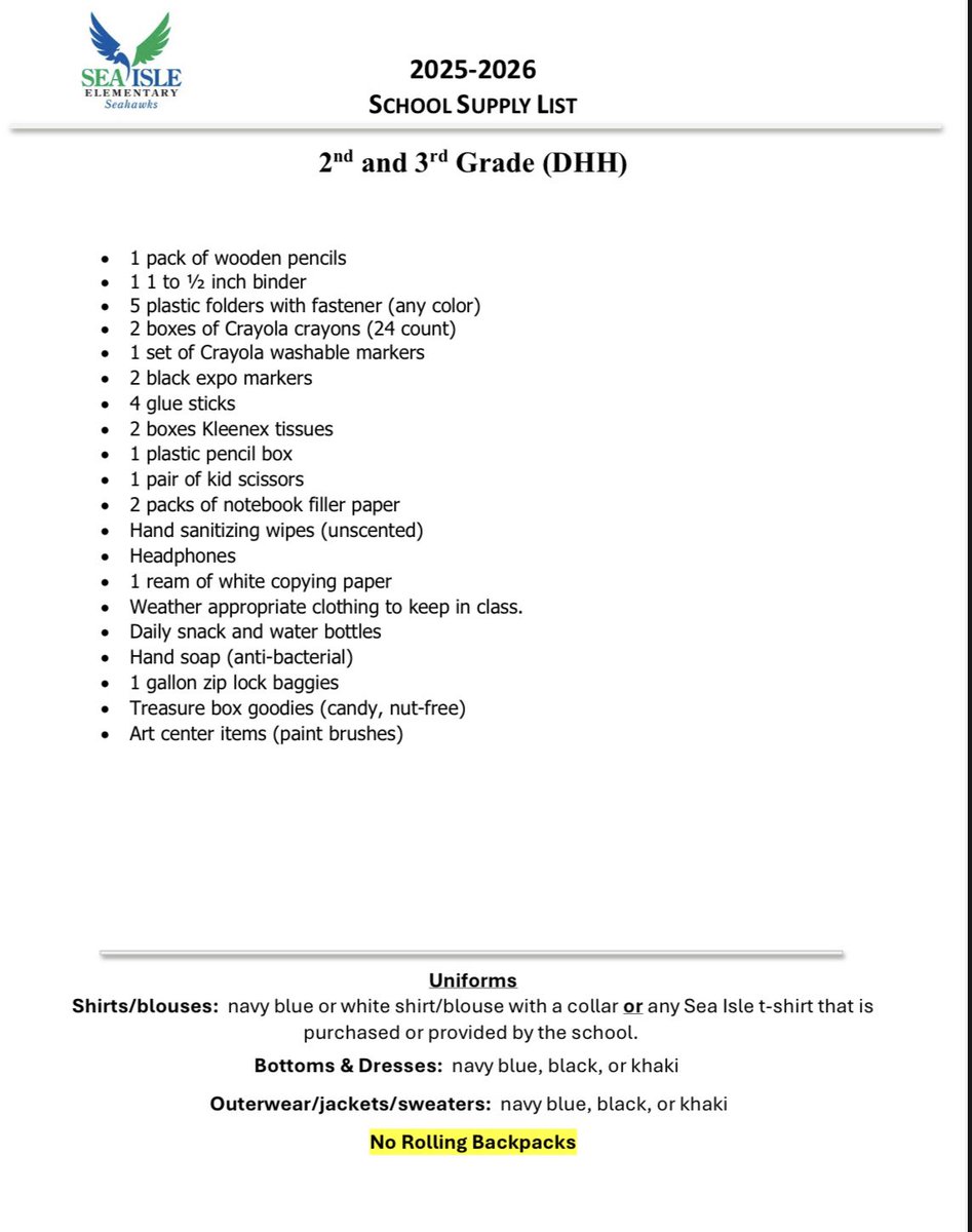 SeaIsleSeahawks's tweet image. School Supply Lists (2025-2024) 📝
DHH Classes