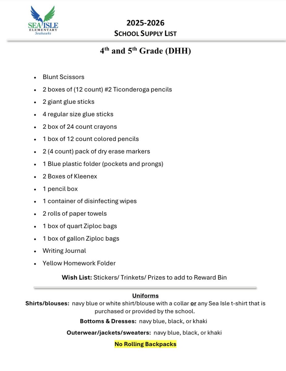 SeaIsleSeahawks's tweet image. School Supply Lists (2025-2024) 📝
DHH Classes