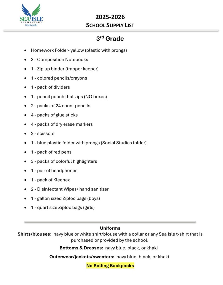 SeaIsleSeahawks's tweet image. School Supply Lists (2025-2024) 📝
3rd, 4th, &amp;amp; 5th Grades