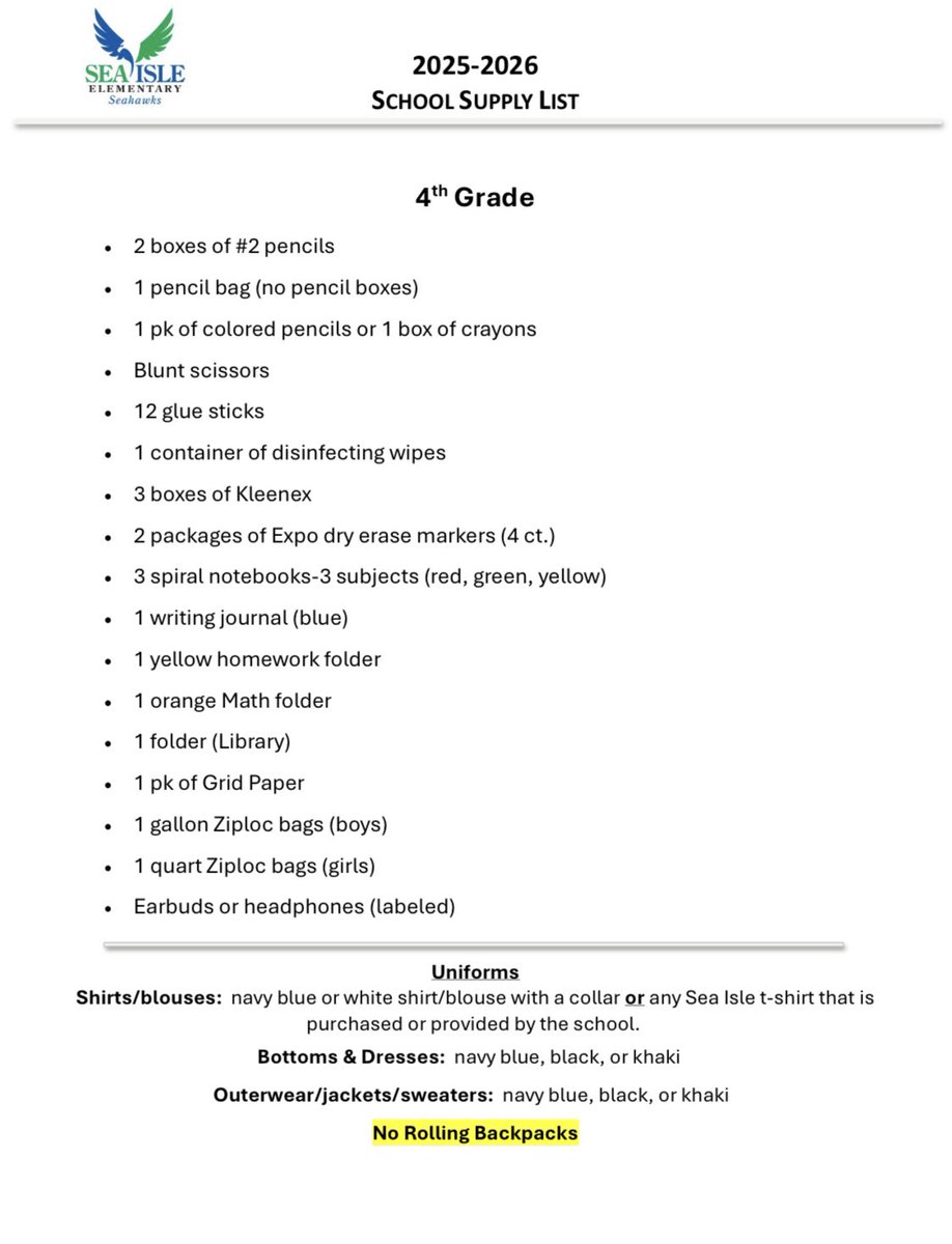SeaIsleSeahawks's tweet image. School Supply Lists (2025-2024) 📝
3rd, 4th, &amp;amp; 5th Grades