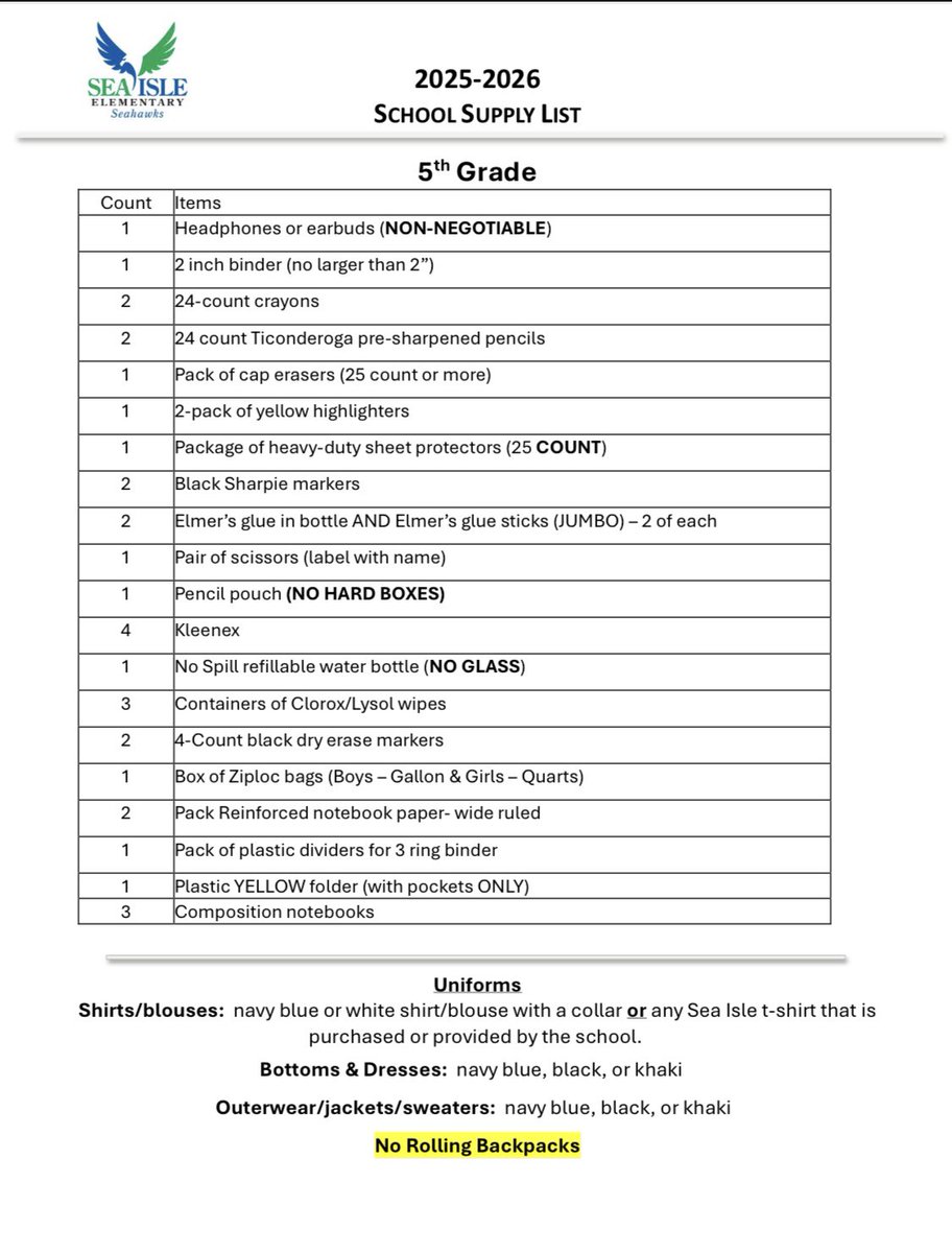 SeaIsleSeahawks's tweet image. School Supply Lists (2025-2024) 📝
3rd, 4th, &amp;amp; 5th Grades