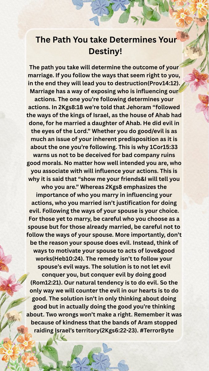kamuteera's tweet image. Don’t be the reason your spouse does evil. Instead, think of ways to motivate your spouse to acts of love&amp;amp;good works(Heb10:24). The remedy isn’t to follow your spouse’s evil ways. The solution is to not let evil conquer you, but conquer evil by doing good (Rom12:21). #TerrorByte