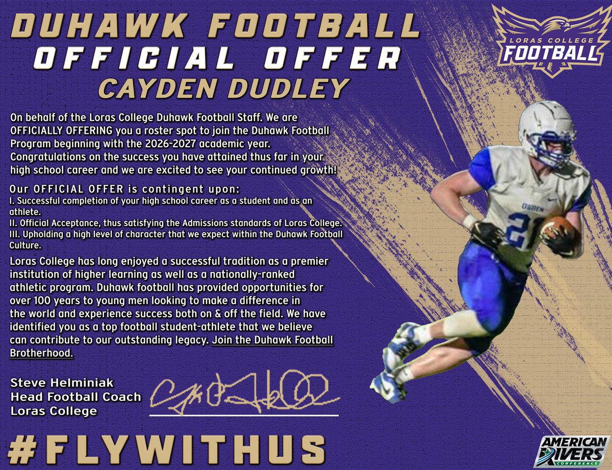⭐️Cayden Dudley ‘26 (@dudleycayden) on Twitter photo #AGTG Thank you <a href="/CoachHLorasFB/">Steve Helminiak</a> for reaching out! I’m blessed to receive my 8th collegiate offer from <a href="/LorasCollegeFB/">Loras Football</a> #AGTG Thank you <a href="/CoachHLorasFB/">Steve Helminiak</a> for reaching out! I’m blessed to receive my 8th collegiate offer from <a href="/LorasCollegeFB/">Loras Football</a>