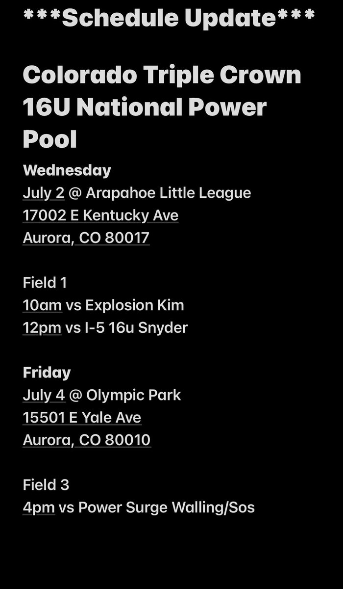 Schedule update for 7/2 &amp; 7/4. 
<a href="/alison_bodick19/">Alison Bodick 2028</a> <a href="/TarynAsh2027/">Taryn Ashenfelter 2027</a> <a href="/brookemundy10/">Brooke Mundy</a> <a href="/cfranklin2028/">Carly Franklin 2028</a> <a href="/Cam_tucker55/">Cambria Tucker</a> <a href="/LDennison28/">Leah Dennison 2028</a> <a href="/e_shiner_2027/">Emily Shiner</a> <a href="/erin_ruddell2/">Erin Ruddell 2028</a> <a href="/juliavalente_13/">Julia Valente</a> <a href="/mabelklossner_4/">Mabel Klossner 2027</a> <a href="/MayaRavi2027/">Maya Ravi 2027</a> <a href="/RileyPalank/">Riley Palank 2028</a>