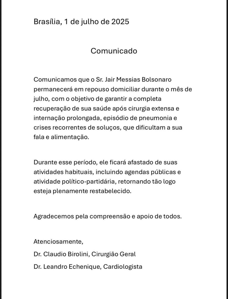 COMUNICADO MICHELLE BOLSONARO

O Jair precisa deste tempo para se recuperar completamente. Tenho fé de que Deus o ajudará, e logo, logo ele estará 100% para retomar suas agendas de trabalho

Agradeço de coração a todos que sempre oram por ele e a todos pela compreensão e carinho.