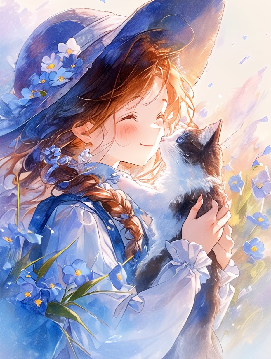 絵画。原画【美しい花かごを持ってかわいいワンちゃんとデートに
