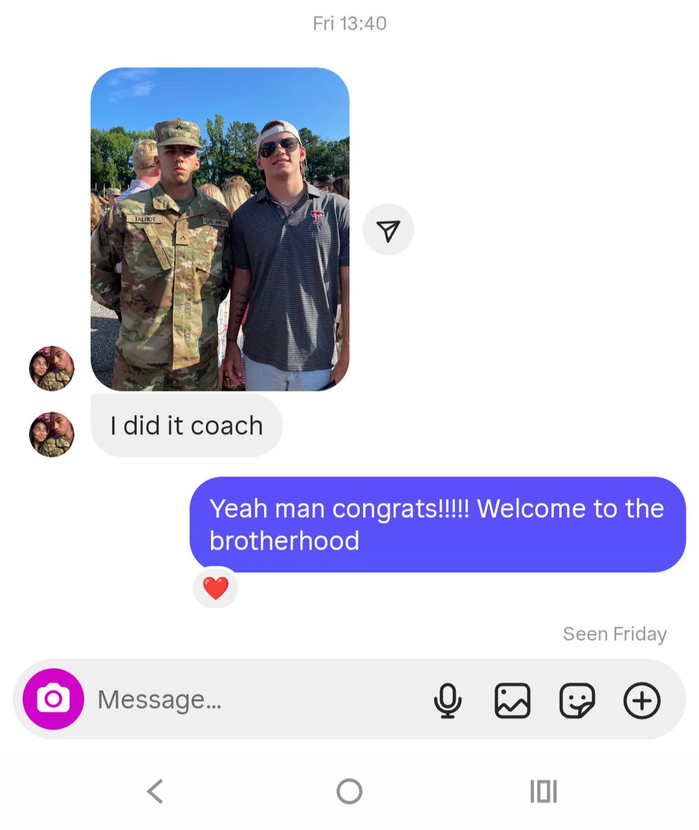 CoachJHaddock's tweet image. I love getting these kinds of messages. Shoutout to Cole for completing his Army training! 💪 From the field to the frontlines, that’s the grit and growth we breed in our programs. Proud to see him rise to the challenge. Welcome to the brotherhood, Cole! 🔥🇺🇲 #PastRanger