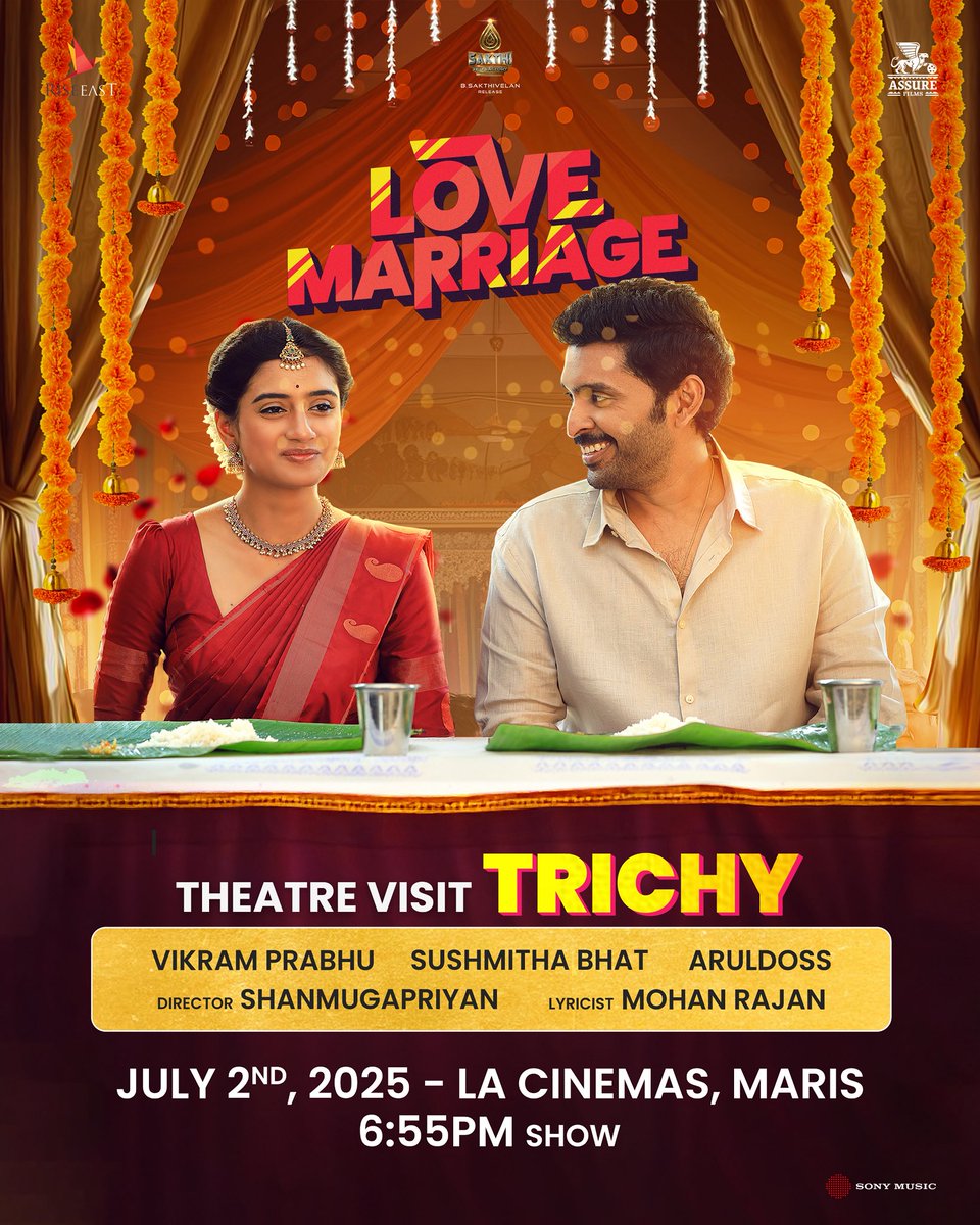 Assure Films (@assurefilms) on Twitter photo 🎉MADURAI & TRICHY MAKKALEY 🥳
Come & Meet the #LoveMarriage Movie Team in your city Today 🥁
Madurai :
Venue - INOX, Vishaal De Mal
Time - 1pm show
Trichy :
Venue - LA Cinemas, Maris Complex
Time - 6:55pm show
Directed by <a href="/Director_Priyan/">shanmuga priyan</a> 🎬
A <a href="/RSeanRoldan/">Sean Roldan</a> musical 🎶 🎉MADURAI & TRICHY MAKKALEY 🥳
Come & Meet the #LoveMarriage Movie Team in your city Today 🥁
Madurai :
Venue - INOX, Vishaal De Mal
Time - 1pm show
Trichy :
Venue - LA Cinemas, Maris Complex
Time - 6:55pm show
Directed by <a href="/Director_Priyan/">shanmuga priyan</a> 🎬
A <a href="/RSeanRoldan/">Sean Roldan</a> musical 🎶