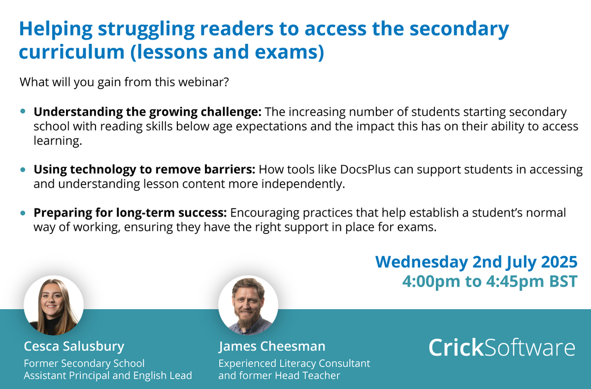 📢 Free webinar for secondary schools this afternoon!

Join Cesca and James at 4pm to explore the challenges that struggling readers face in accessing their education and the strategies that can help them achieve long-term success.

Sign up here! bit.ly/4dNIJom
#DocsPlus