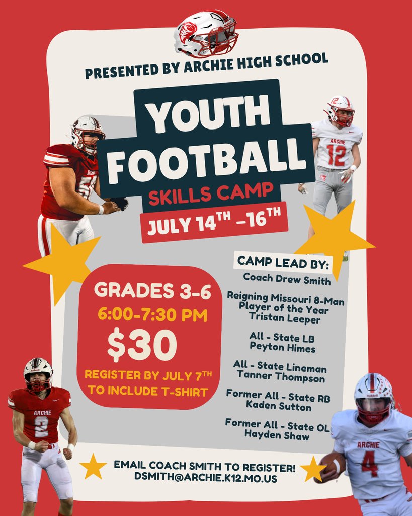Archie R-V School District (@archie62237) on Twitter photo Don't forget to signup for Archie Football's Little League Skills Camp! Register by July 7th to guarantee yourself a T-Shirt! Email Coach Smith to register (dsmith@archie.k12.mo.us). Money is not due until the day of the camp! Don't forget to signup for Archie Football's Little League Skills Camp! Register by July 7th to guarantee yourself a T-Shirt! Email Coach Smith to register (dsmith@archie.k12.mo.us). Money is not due until the day of the camp!