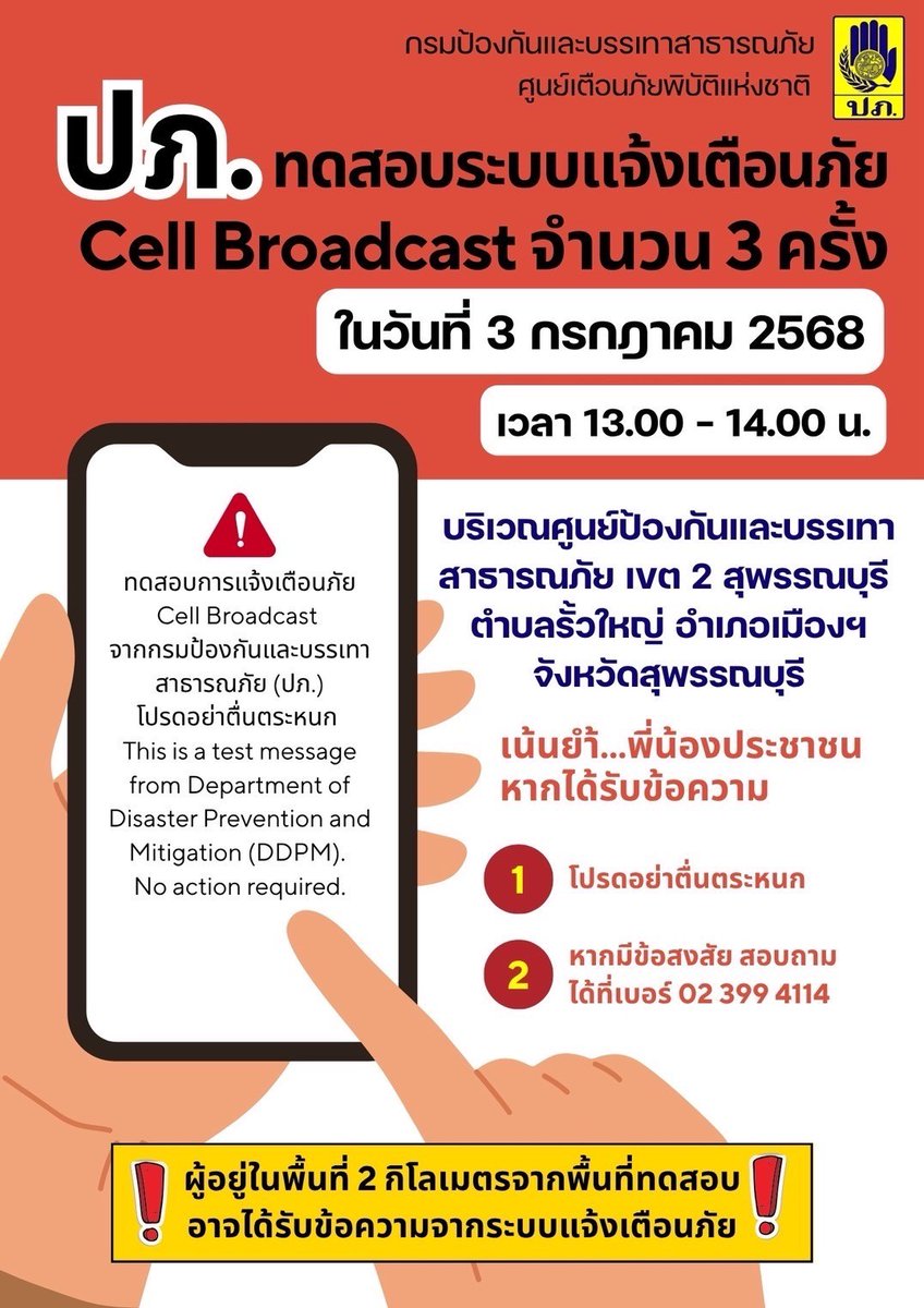 ndwc_news's tweet image. กรมป้องกันและบรรเทาสาธารณภัย ทดสอบระบบแจ้งเตือนภัย Cell Broadcast จำนวน 3ครั้งในวันที่ 3 กรกฎาคม 2568 เวลา 13.00 -14.00น. ณ บริเวณ ศูนย์ป้องกันและบรรเทาสาธารณภัย เขต 2 สุพรรณบุรี ตำบลรั้วใหญ่ อำเภอเมือง จังหวัดสุพรรณบุรี
#อย่าตื่นตระหนก #ทดสอบระบบแจ้งเตือนภัย #cellbroadcast