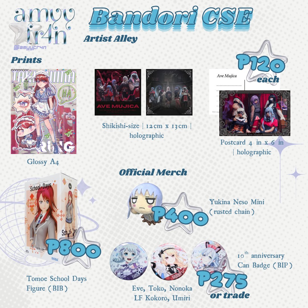 Catalog for Bandori Philippines CSE 

- Open for reservations! DM!
- I wish the pins will arrive on time ahahah
- testing cosplay prints also im proud of my edits :3

Comment 'imong papa' for poca good luck and RT this pwease
#BandoriPHCSE
#KiraKiraTokimekiExperience