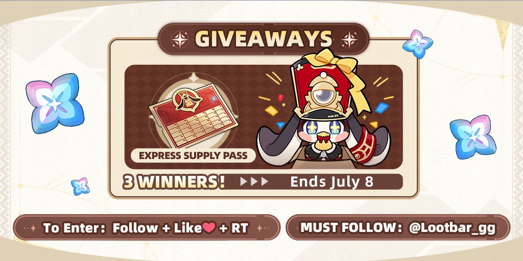 🔥🎁Express Supply Pass GIVEAWAYS🎁🔥
⭐️⭐️⭐️3⃣ Winners！⭐️⭐️⭐️
🔸To Enter：Follow👤+ Like❤+ RT🔄
🔸MUST FOLLOW：<a href="/Lootbar_gg/">LootBar.gg</a>
🔸Ends July 8th 🔚

📨We will announce the winners by July 10th and contact them via DM.

#LootBar #Giveaways #hsr #HonkaiStarRail