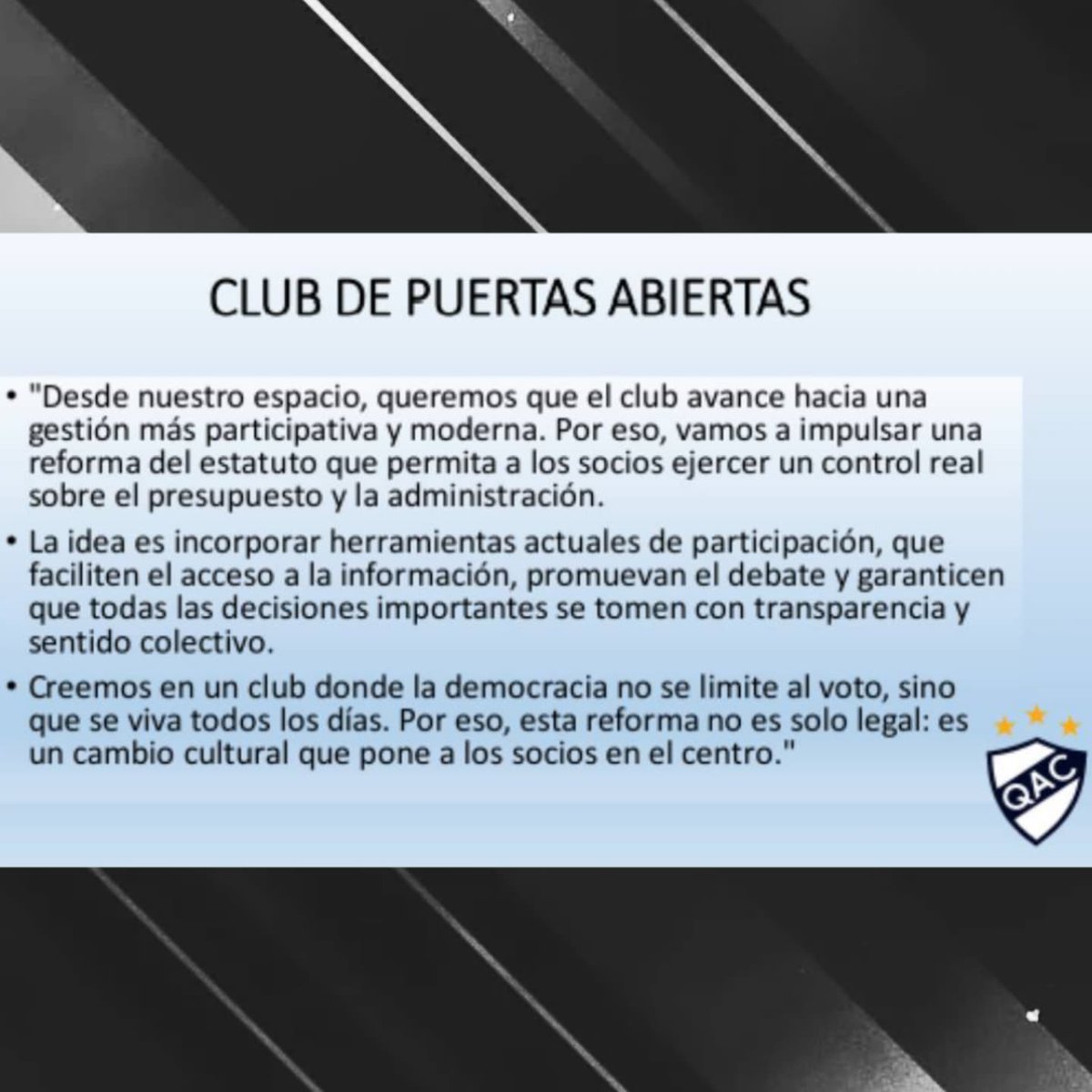 A partir de ahora vamos a estar subiendo nuestros proyectos para hacer de nuestro club, un ejemplo de institución...
Seguinos para no perderte nuestras próximas publicaciones 🤍💙🤍
Abro hilo 🧵
#Quilmes #quilmesatleticoclub #proyectoselecciones