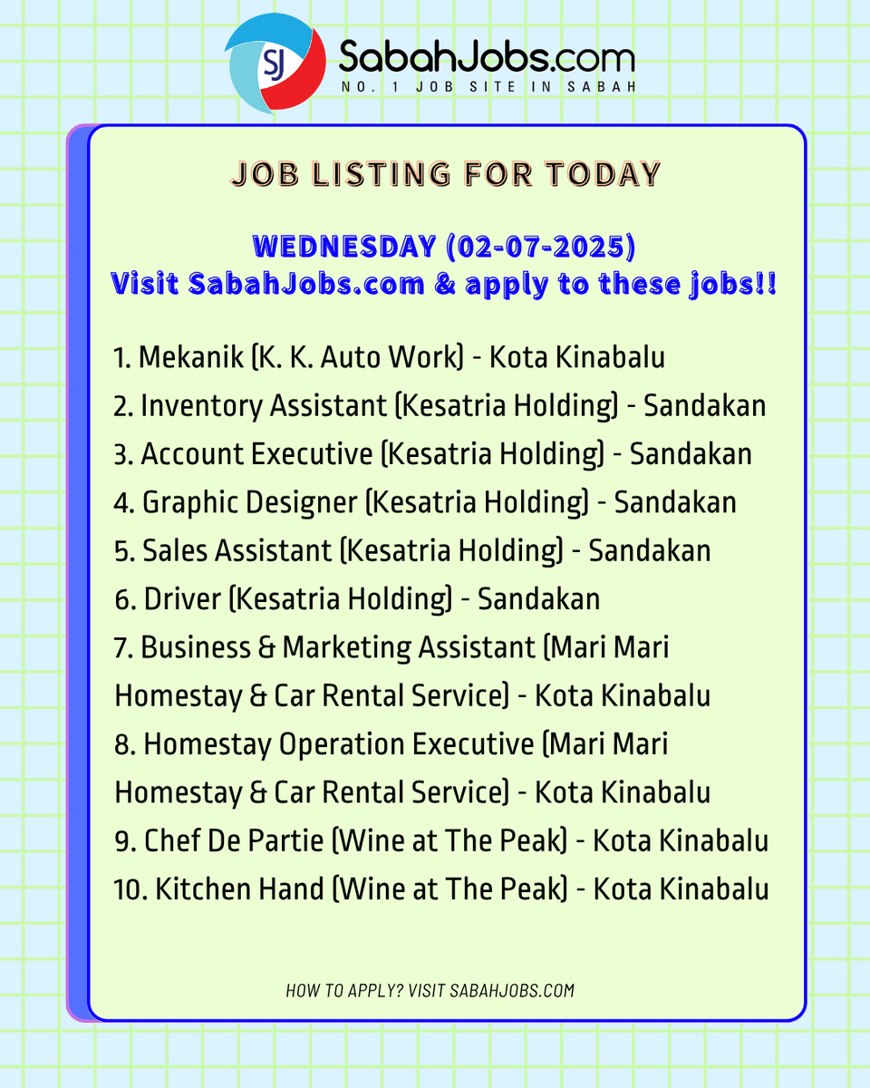 Wednesday (02-07-2025) Latest Jobs in Sabah Today

APPLY ALL LATEST JOBS AT SabahJobs.com