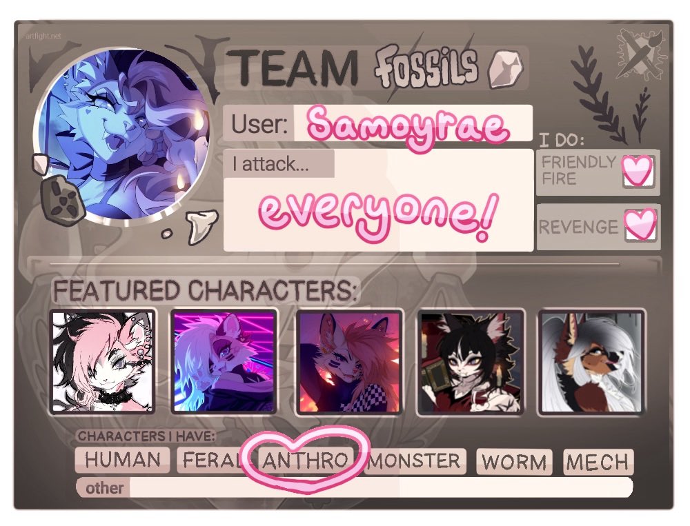 samoyrae's tweet image. come get me ;) (im on team fossils!)

artfight.net/~samoyrae