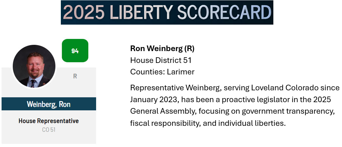 I’m honored to have earned an A rating from the Liberty Scorecard Colorado for upholding the Constitution and standing strong on the principles that define a free and just society.

This means:
Defending individual rights
Promoting personal responsibility
Supporting free markets
