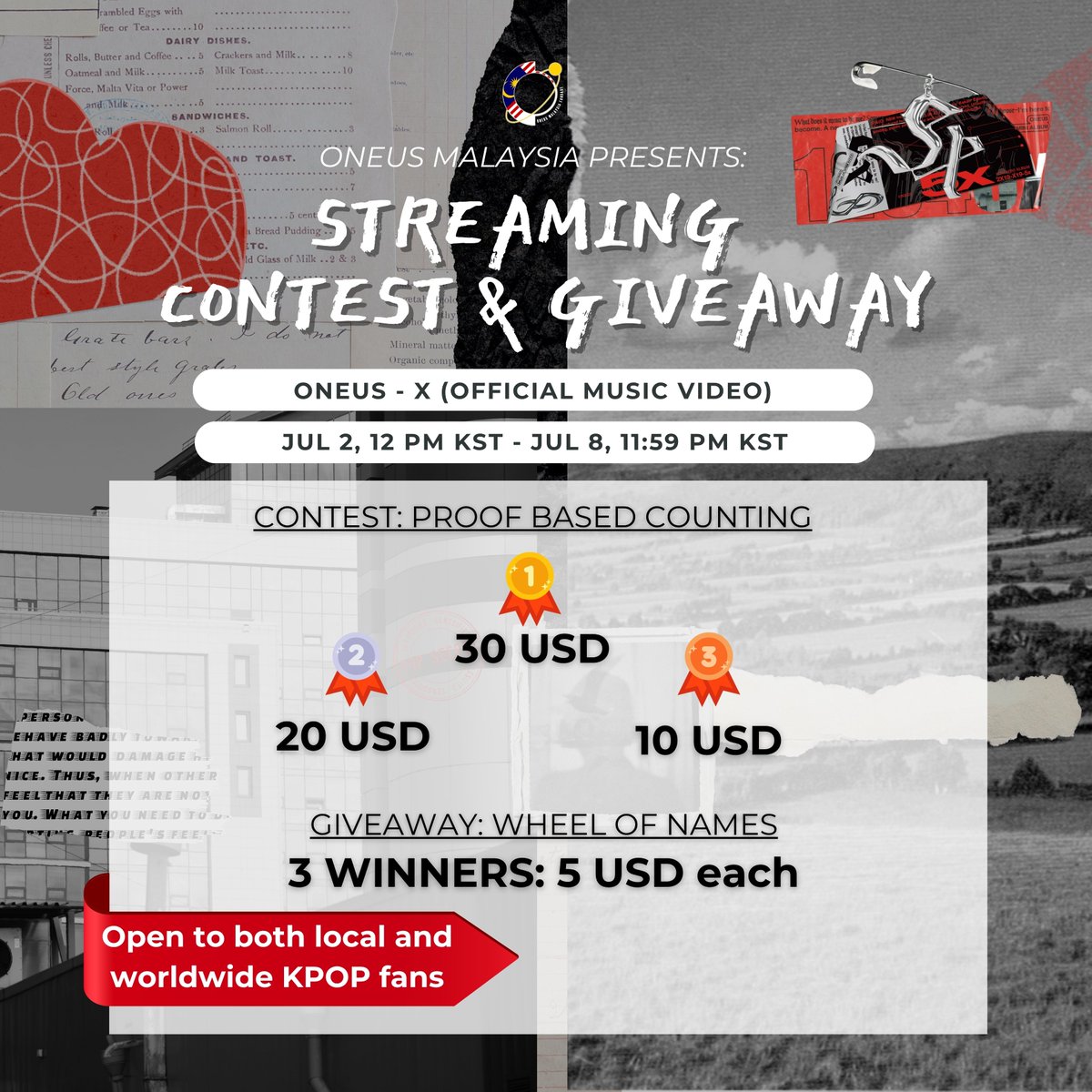ONEUSMALAYSIA's tweet image. 🎉 ONEUS ‘X’ Streaming Contest &amp;amp; Giveaway! 🎉

📅 July 2–8, 2025
🌏 Open worldwide
🎧 Stream to win: 

ONEUS 'X' Official MV youtu.be/7tEgWyYB8YE

🏆 Top 3: $30 | $20 | $10
🎁 3x $5 random winners

Use #X_with_ONEUSMY to enter!

Details in thread