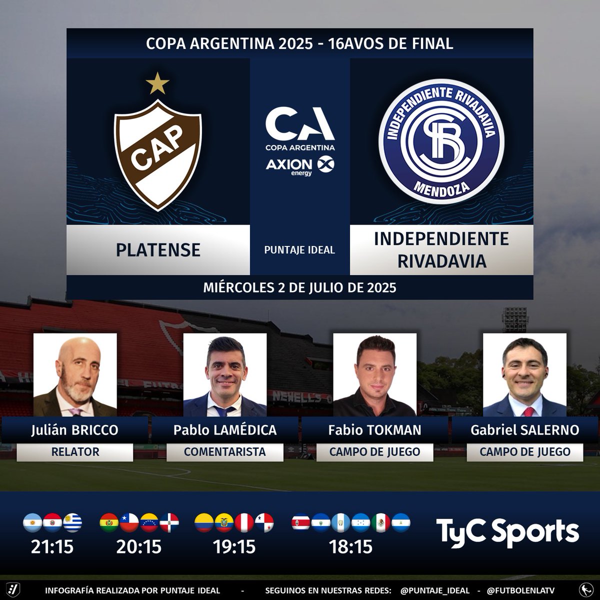 Puntaje Ideal (@puntaje_ideal) on Twitter photo ⚽ #CopaArgentina 🇦🇷 | #Platense vs. #IndependienteRivadavia
🎙 Relator: Julián Bricco
🎙 Comentarista: <a href="/pablolamedica/">Pablo Lamédica</a>
🎙 Campo de juego: <a href="/Fabiot1983/">Fabio Tokman</a> - <a href="/salernogabi/">Gabriel Salerno</a>
📺 <a href="/TyCSports/">TyC Sports</a> 🇦🇷 y <a href="/TyCSports/">TyC Sports</a> Internacional
💻📱 <a href="/TyCSportsPlay/">TyC Sports Play</a> 🇦🇷
🤳 #CopaArgentinaEnTyCSports
Dale RT 🔃 ⚽ #CopaArgentina 🇦🇷 | #Platense vs. #IndependienteRivadavia
🎙 Relator: Julián Bricco
🎙 Comentarista: <a href="/pablolamedica/">Pablo Lamédica</a>
🎙 Campo de juego: <a href="/Fabiot1983/">Fabio Tokman</a> - <a href="/salernogabi/">Gabriel Salerno</a>
📺 <a href="/TyCSports/">TyC Sports</a> 🇦🇷 y <a href="/TyCSports/">TyC Sports</a> Internacional
💻📱 <a href="/TyCSportsPlay/">TyC Sports Play</a> 🇦🇷
🤳 #CopaArgentinaEnTyCSports
Dale RT 🔃