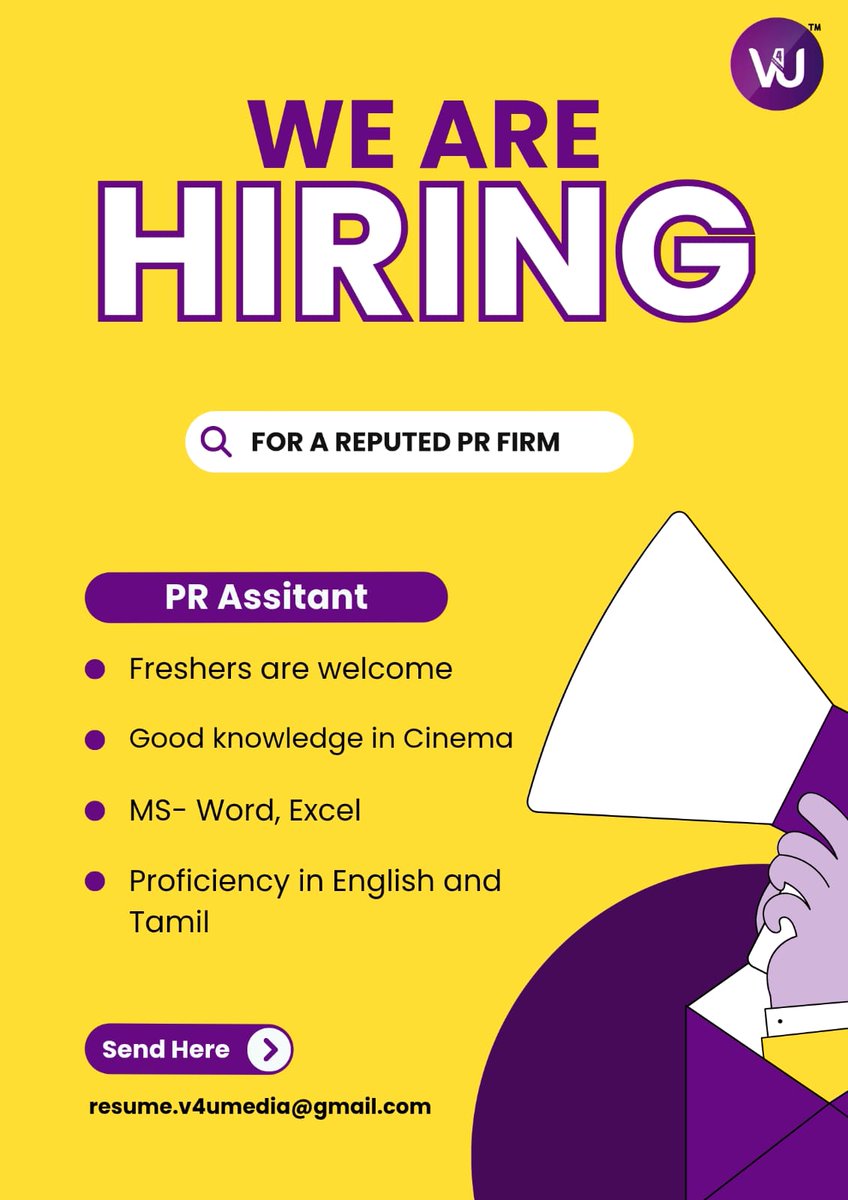 V4umedia_'s tweet photo. We are #HIRING 📣

#PRAssistant Fresher's also welcome with good knowledge in #Cinema and also proficiency in English &amp; Tamil 😉!

Interested People's Send Your Resume to below mentioned Email 👇 https://t.co/N7I5ZTWIEG