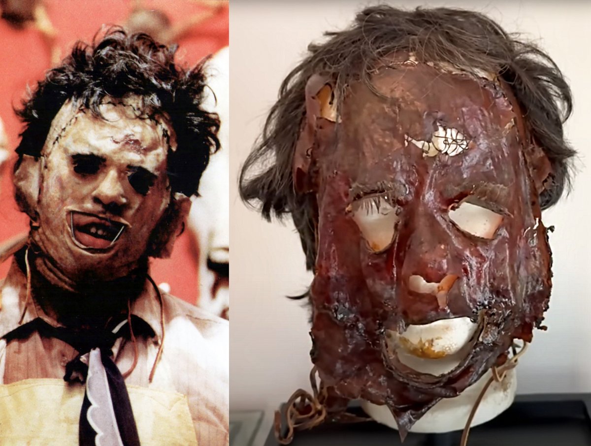horrorads's tweet image. Here's what Leatherface's original killing mask looks like today from The Texas Chain Saw Massacre (1974)