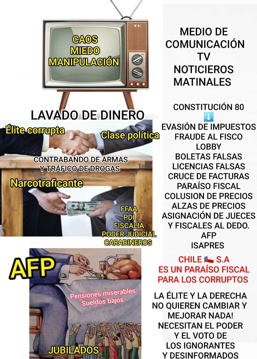 Aedd38's tweet image. EN CHILE  LOS CORRUPTOS SON FELICES, TIENEN TODO A FAVOR. LEYES, CONSTITUCIÓN, JUSTICIA, POLÍTICOS. UN PARAÍSO FISCAL. Y ESO LO QUE PROTEGE LA #DERECHACORRUPTA SEGUIR EL ABUSO Y LA CORRUPCIÓN #EXTREMADERECHA ES UN CÁNCER..!!