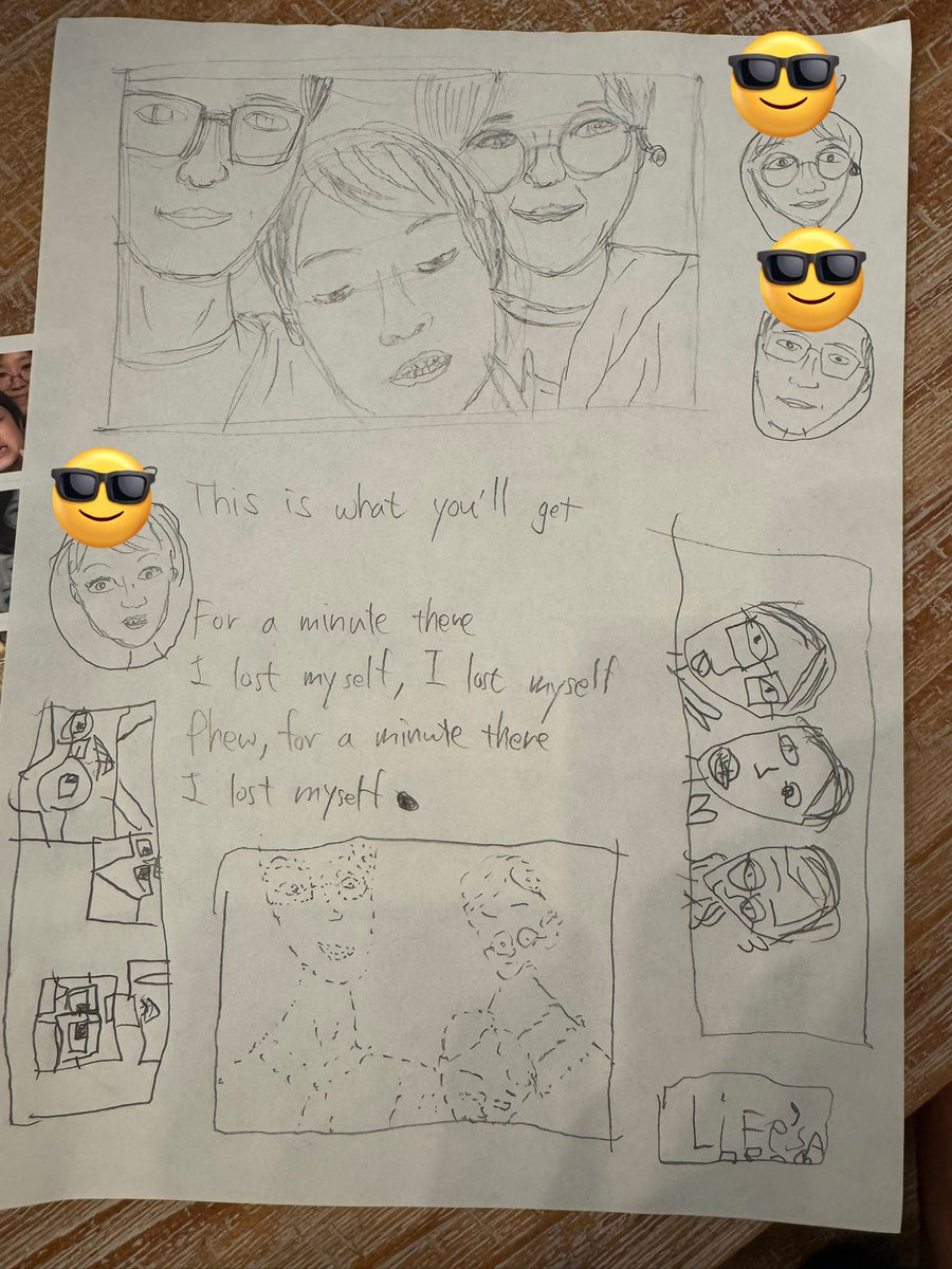 d_ijk_stra's tweet image. 별이와 가족 사진을 다양한 스타일로 그려봄. 노래 가사 옮겨적던 종이라서 상당히 파격적인 구성(?)이 됐음. #별이육아 #별이그림 #내가그림