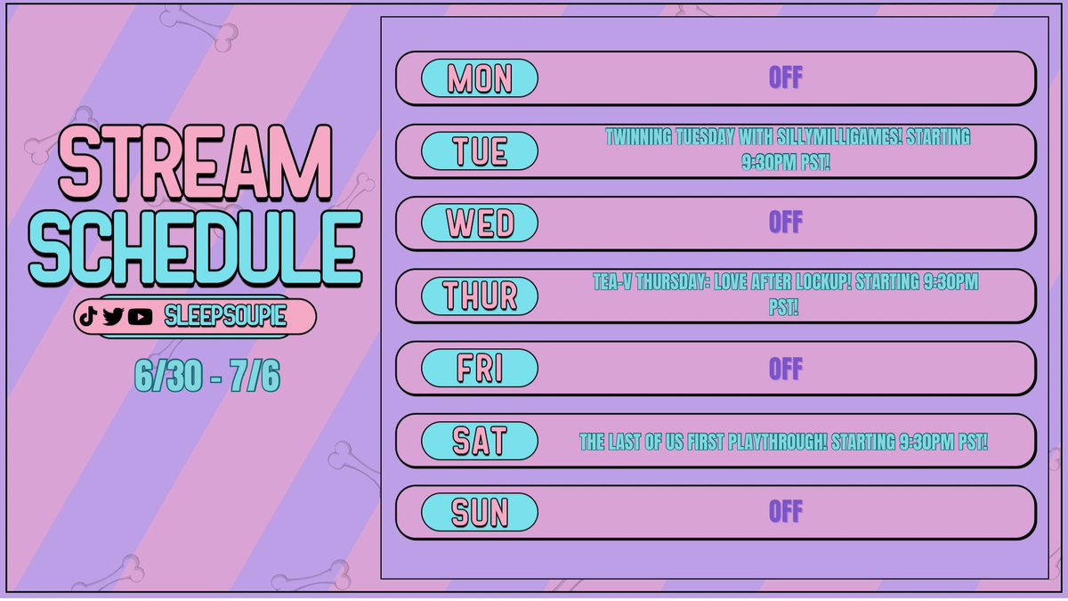 SleepSoupie (@sleepsoupie) on Twitter photo ✨Stream Schedule 6/30-7/6✨
Trying to get back to my schedule after a crazy work month! Hope to see you all tonight with <a href="/sillymilligames/">SillyMilli</a> 💜 ✨Stream Schedule 6/30-7/6✨
Trying to get back to my schedule after a crazy work month! Hope to see you all tonight with <a href="/sillymilligames/">SillyMilli</a> 💜
