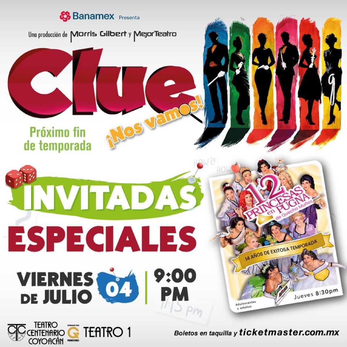 Acompaña este viernes a <a href="/12_Princesas/">12Princesas en Pugna</a> en Pugna a descubrir el divertido misterio de <a href="/clueobramx/">Clue Obra</a> 🔍.  🎭 

📍 <a href="/tcentenarioof/">Teatro Centenario Coyoacán Oficial</a>
👑 Viernes 04 de julio
⏰ Función 9:00 p.m.
🎟️ bit.ly/CLUE12Princesas