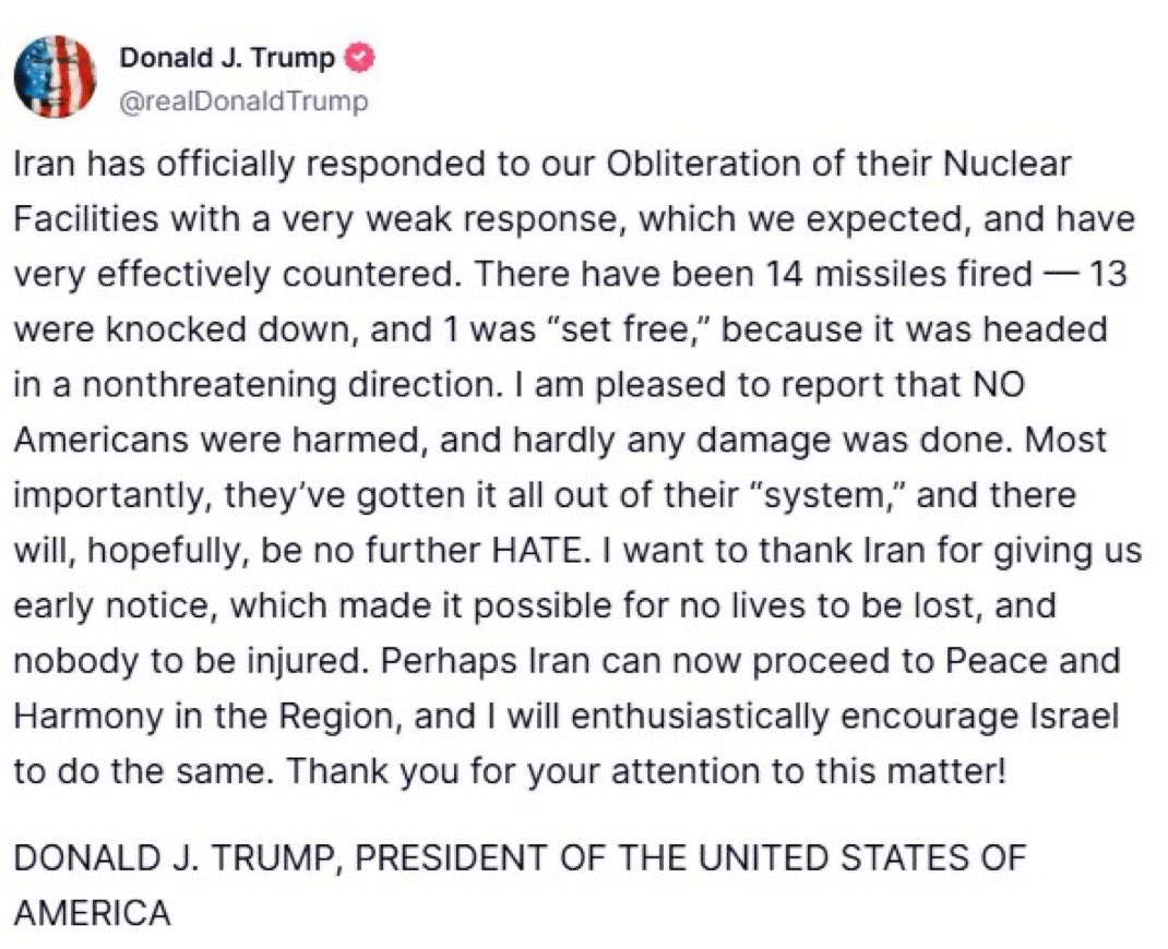 Trump bedankt sich bei Iran für die „Warnung“ ihrer Angriffe und fordert nun Frieden. 

Wie in einem schlechten Film alles, aber die Hauptsache ist, dass aktuell eine weitere Eskalation unwahrscheinlicher wird. 

👍🏼