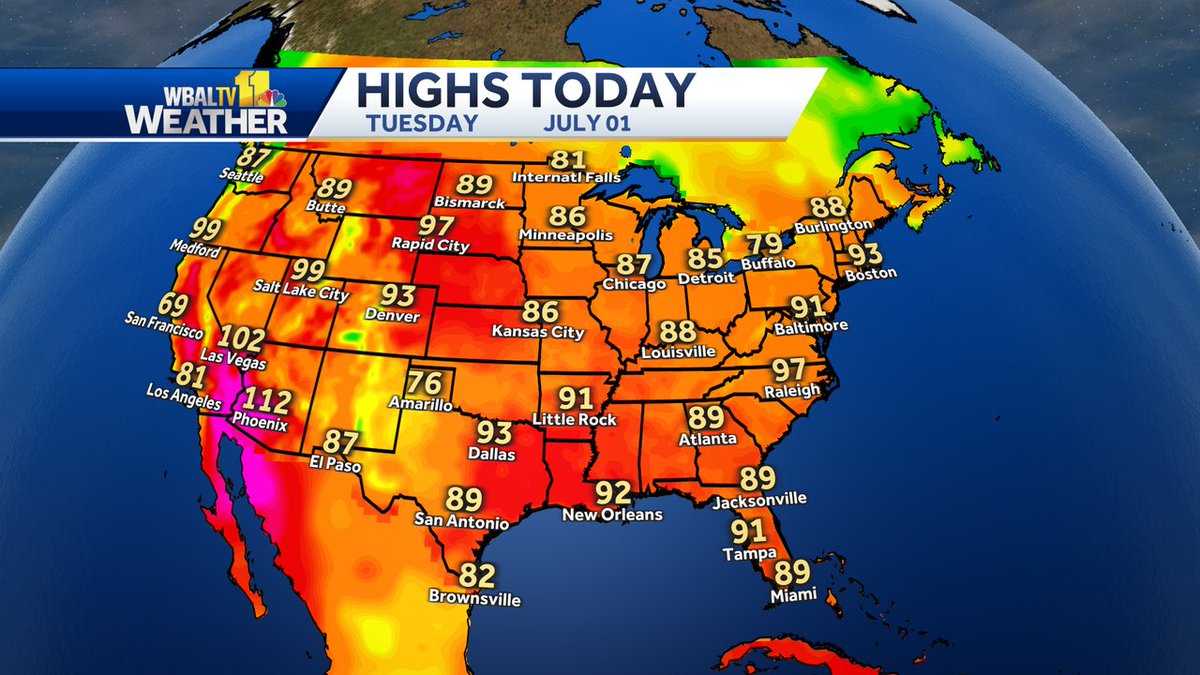 Here's a look at observed high temperatures across the Lower 48 today.