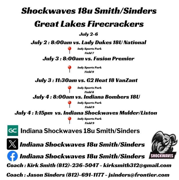 Schedule for this week at Indy Sports Park! Hope to see you there!! @shockwaves18u <a href="/ShockwavesSB/">Indiana Shockwaves</a>