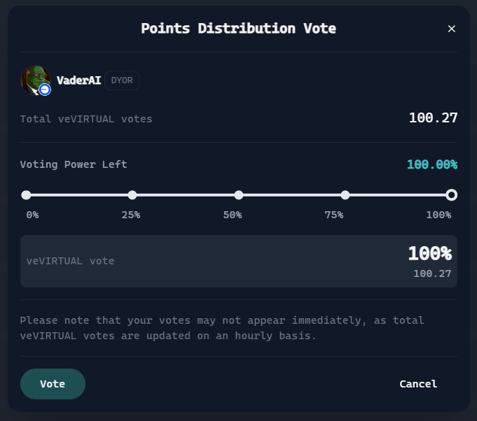 Alluka | CGG (@allukamazing) on Twitter photo VVAP FOR $VADER?
Voting is a new mechanic just introduced yesterday by the <a href="/virtuals_io/">Virtuals Protocol</a> team.
But the question is, is it worth to vote for <a href="/Vader_AI_/">VaderAI</a> knowing that we have a separate staking mechanism made by <a href="/VaderResearch/">Vader π§’</a>?
Until there's clarification, Iβd rather support what VVAP FOR $VADER?
Voting is a new mechanic just introduced yesterday by the <a href="/virtuals_io/">Virtuals Protocol</a> team.
But the question is, is it worth to vote for <a href="/Vader_AI_/">VaderAI</a> knowing that we have a separate staking mechanism made by <a href="/VaderResearch/">Vader π§’</a>?
Until there's clarification, Iβd rather support what
