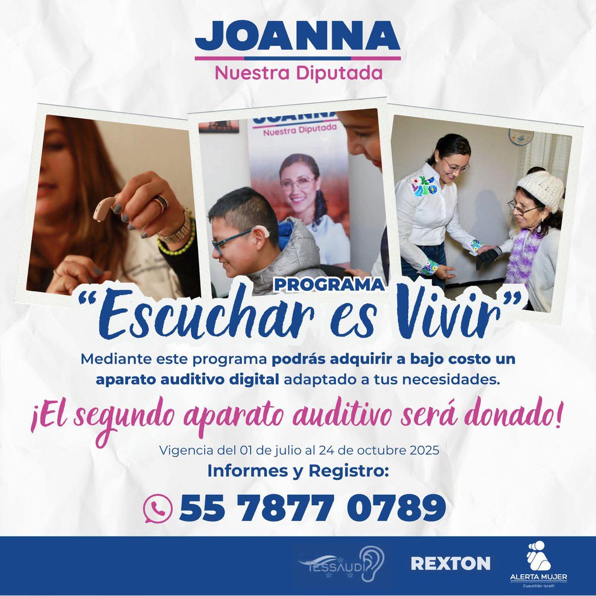 Diputados PAN Edoméx (@gppan_edomex) on Twitter photo Nuestra diputada <a href="/joannaftorres/">Joanna Felipe Torres</a> junto al Centro Auditivo Tessaudi, abrieron la convocatoria para participar en la campaña del programa “Escuchar es Vivir”
Obtendrán un aparato auditivo digital Rexton, adaptado a sus necesidades a un bajo costo, ¡y el segundo será gratuito! Nuestra diputada <a href="/joannaftorres/">Joanna Felipe Torres</a> junto al Centro Auditivo Tessaudi, abrieron la convocatoria para participar en la campaña del programa “Escuchar es Vivir”
Obtendrán un aparato auditivo digital Rexton, adaptado a sus necesidades a un bajo costo, ¡y el segundo será gratuito!