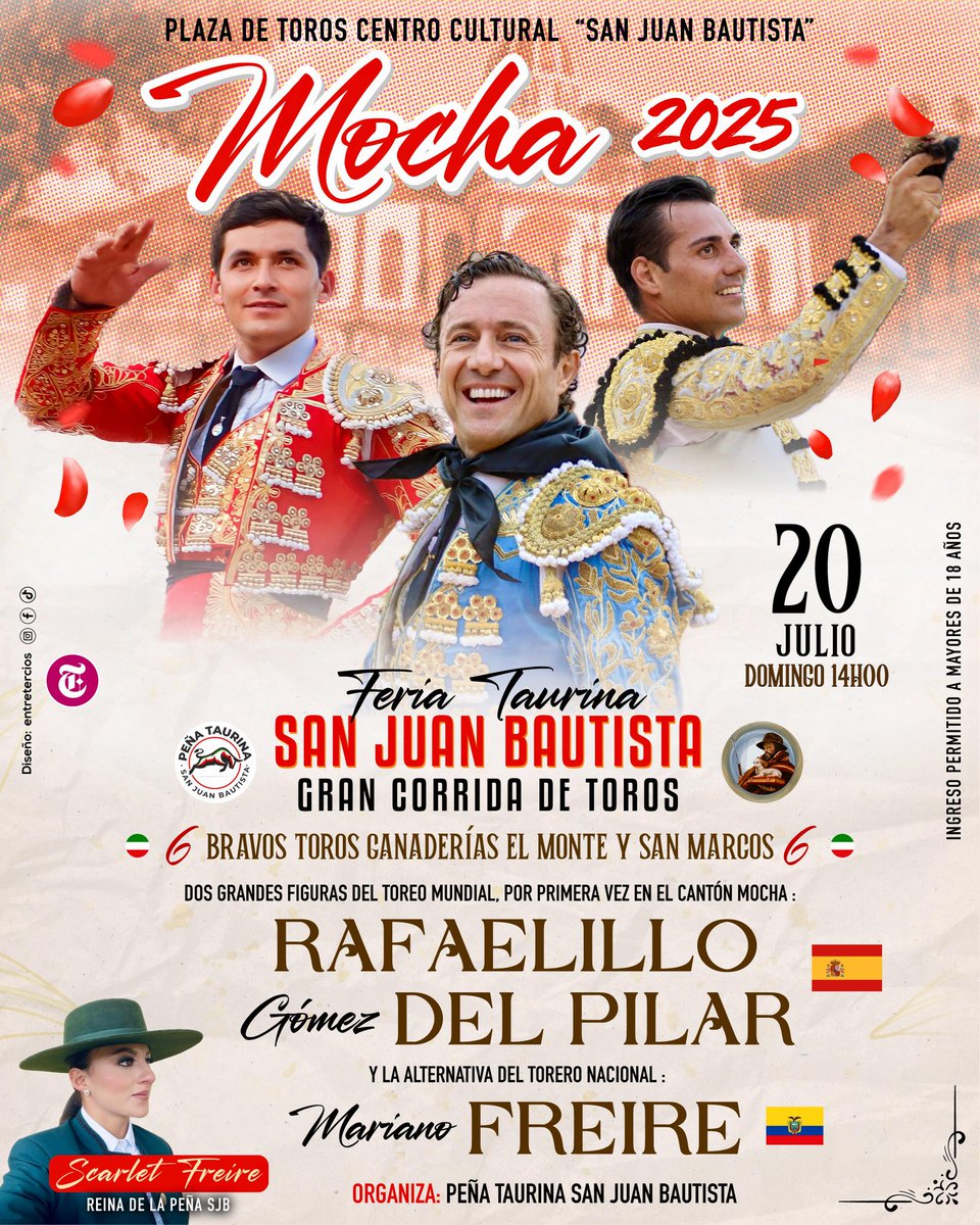 MOCHA: Espectacular cartel para laFeria Taurina Mocha 2.025. Rafaelillo🇪🇸, Gómez del Pilar🇪🇸 y Mariano Freire🇪🇨, el torero de la tierra, que estará tomando la alternativa. Mocha provincia de Tungurahua, 20 de julio  a las 14H00. Seis 🐂de El Monte y San Marcos