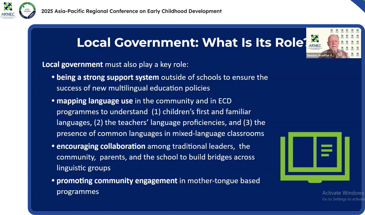 Staying on #Inclusion, Dr. Sheldon Shaeffer, Chair, Board of Directors, ARNEC, stressed the importance of mother tongue in #ECD but also highlighted challenges such as resistance from dominant language group. His solution: local govts can help promote mother-tongue based programs
