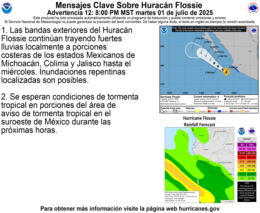 Here are the 8pm PDT Key Messages for #Hurricane #Flossie, now a major hurricane. 

Outer rainbands continue to bring locally heavy rainfall for portions of Michoacán, Colima, &amp; Jalisco into Wednesday. Tropical storm warning still in effect.

hurricanes.gov/#Flossie